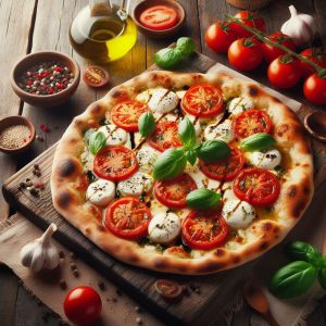 rustic flatbreads, margharita - sliced mozzarella, roma tomatoes, olive oil, fresh basil, balsamic reduction
